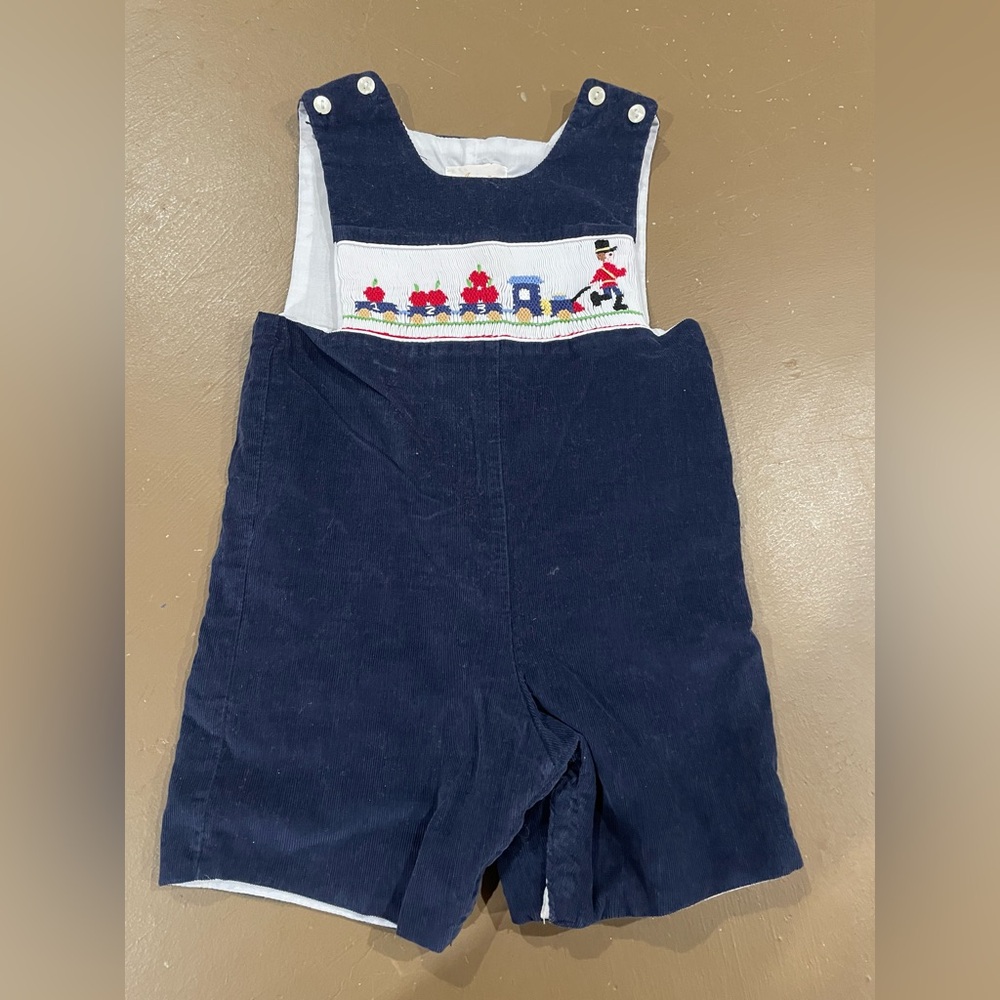 Vintage Smocked Navy Blue Corduroy Train Jon Jon 18 Months